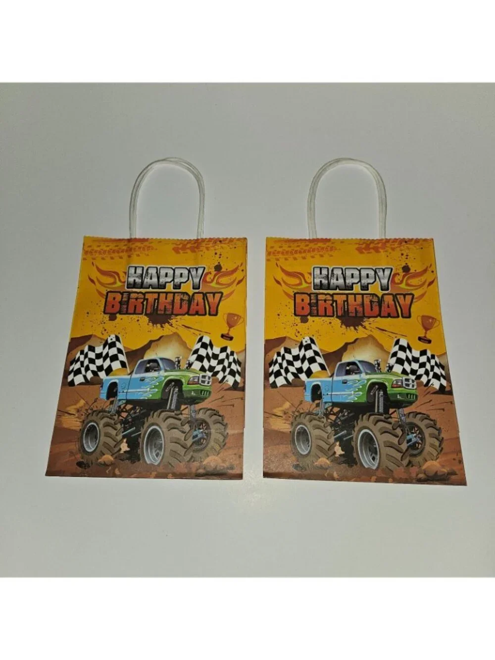 7 Monster Truck Happy Birthday Paper Gift Bag Lot 8.5x6 Green Blue Red Yellow